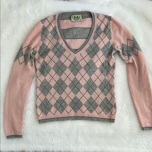 Juicy Couture Cashmere Pink and Gray Argyle V-Neck Sweater